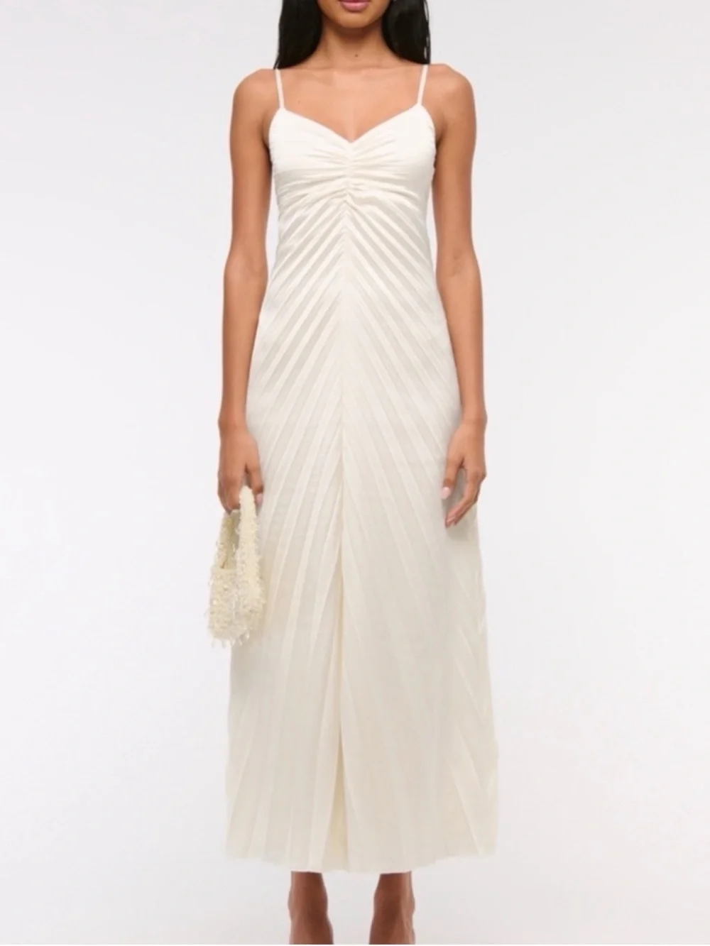 Abercrombie & Fitch Cream Spaghetti-Strap Pleated Maxi Dress